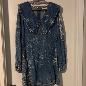 New Gianni Blue Splatter Denim Dress with Ruffle Collar